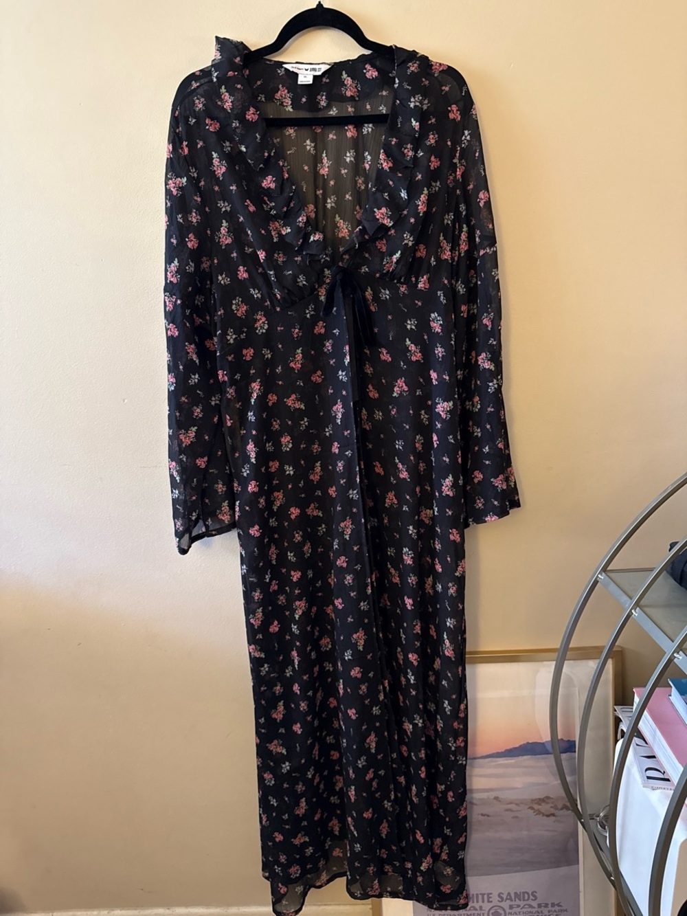 Sheer Black Floral Maxi Cover Up with Ruffle Neckline